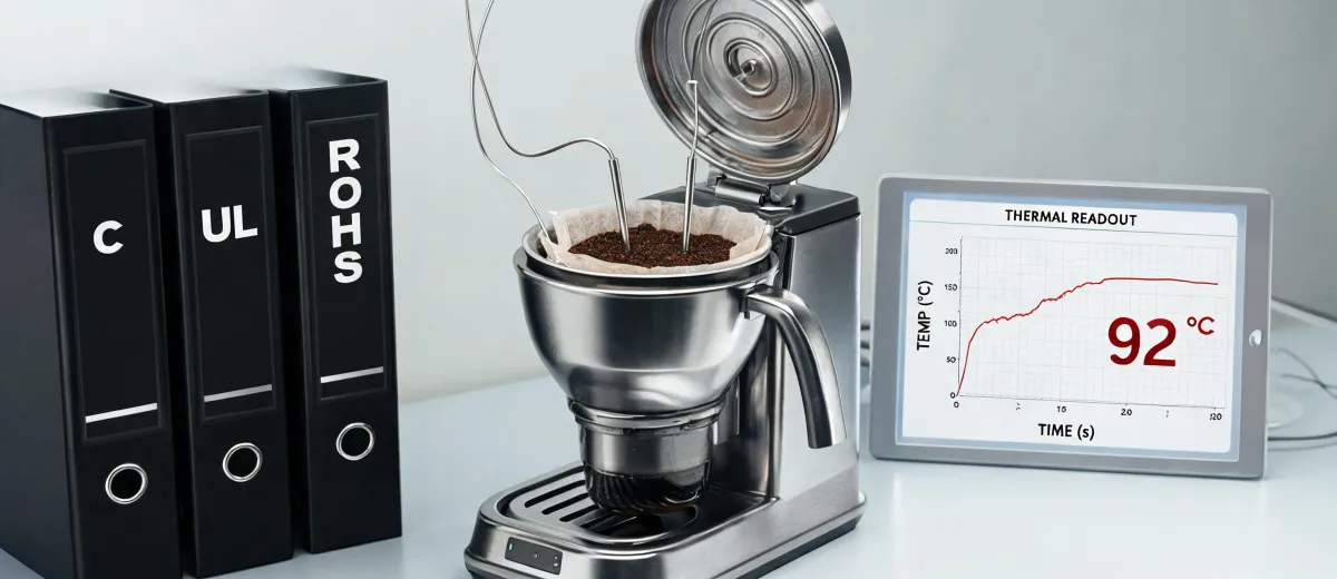 Coffee maker test probes and compliance binders